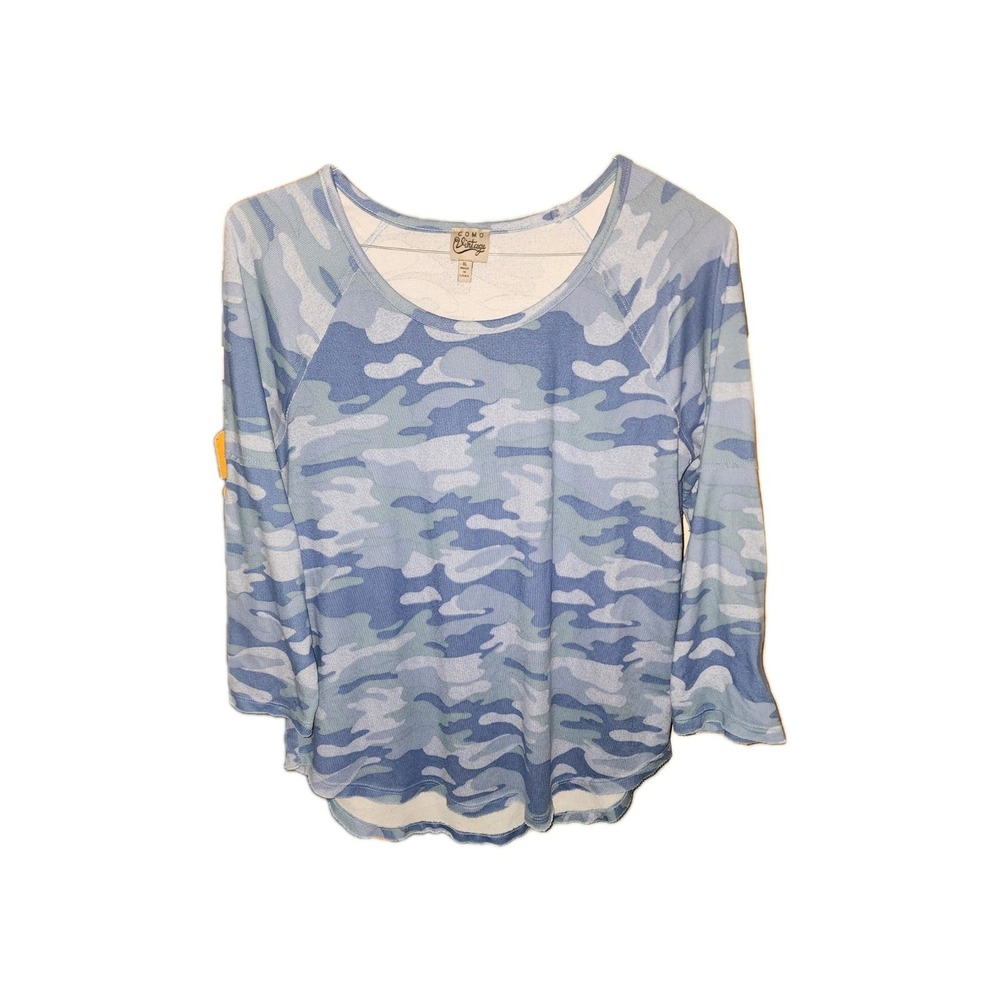 Como Vintage Blue Camo Pullover Knit Top Womans XL Supersoft 3/4 Sleeve Tunic